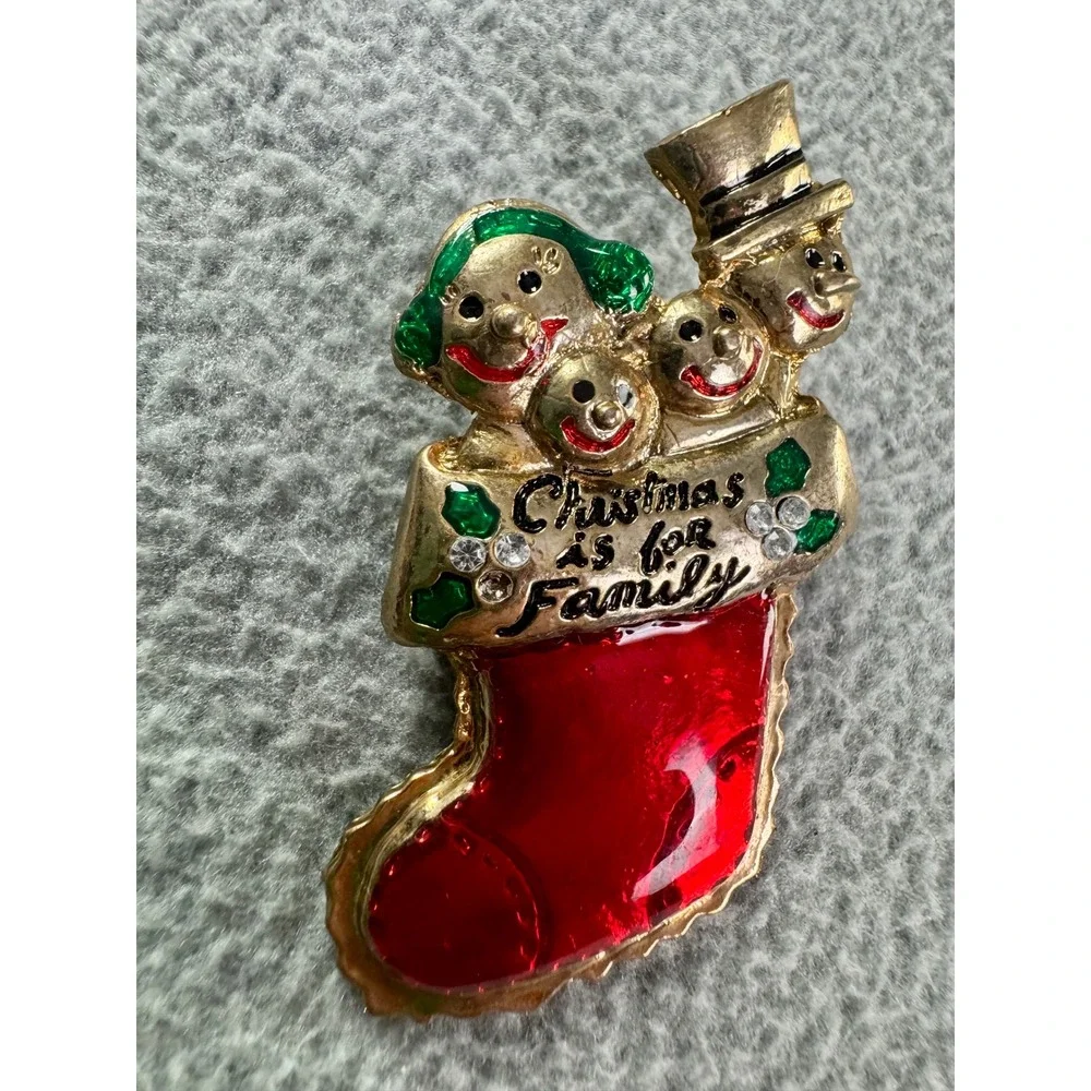 Vintage Christmas Is For Family Snowman Stocking Brooch Gold Tone Red Enamel Pin